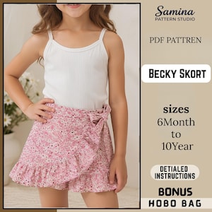 Peut inclure: Un débardeur blanc côtelé associé à une jupe-short rose à motif floral avec un nœud latéral et un ourlet à volants. Le texte indique Samina Pattern Studio, PDF Pattren, Becky Skort, sizes 6Month to 10Year, Detailed Instructions, Bonus Hobo Bag.
