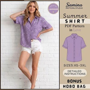 Könnte beinhalten: Ein lavendelfarbenes kurzärmeliges Hemd mit Knopfleiste und weißem Linien-Gesichtsmuster. Der Text lautet Samina Pattern Studio Summer SHIRT PDF Parttern in Love SIZES:XS-3XL DETIALED INSTRUCTIONS BONUS HOBO BAG und NOW IN LAVENDER.