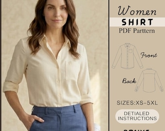 Klasyczny wzór do szycia damskiej koszuli z długim rękawem (XS-5XL) w formacie PDF