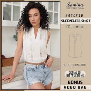 Puede incluir: Una mujer lleva una camisa sin mangas blanca con muescas y ojales, con un cinturón marrón y pantalones cortos de mezclilla. La imagen incluye un patrón para una camisa sin mangas con muescas, tallas XS-3XL, con instrucciones detalladas y una bolsa hobo de bonificación.