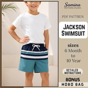 May include: A PDF pattern for the Jackson Swimsuit, featuring a white t-shirt and navy blue, teal, and white striped swim trunks with a white drawstring. The text includes Samina Pattern Studio, PDF PATTREN, JACKSON SWIMSUIT, sizes 6 Month to 10 Year, DETIALED INSTRUCTIONS, and BONUS HOBO BAG.