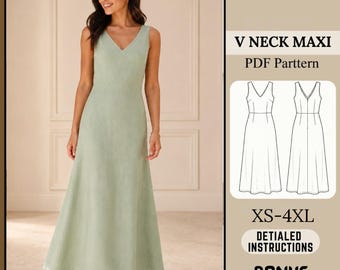 Sukienka maxi z dekoltem w serek – wykrój w formacie PDF | Lniana sukienka letnia (XS-4XL) (pobranie cyfrowe)