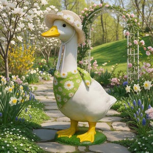 Porch Goose Outfit, Daisy Straw Hat and Floral Bandana Set, Green or Orange Spring Costume for 23 Inch Lawn Goose, Garden Yard Decor