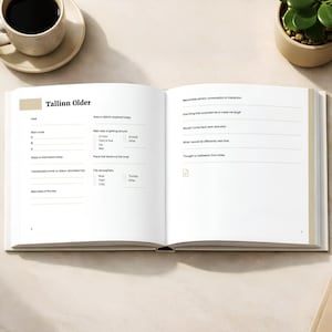 Puede incluir: Un diario abierto con el título "Tallinn Older" y páginas rayadas, junto a una taza de café y una pequeña planta en maceta. El diario tiene indicaciones para reflexiones diarias.