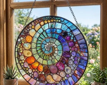 Rainbow Shell Spiral Stained Glass Suncatcher, Coastal Beach House Decor, Suncatcher Gift 2026