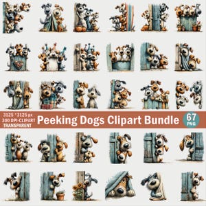Op de afbeelding: Een digitale collectie van 67 PNG-clipartafbeeldingen met diverse cartoonhonden die achter houten deuren, hekken en gordijnen vandaan kijken. De honden zijn afgebeeld in verschillende kleuren en met uiteenlopende uitdrukkingen.