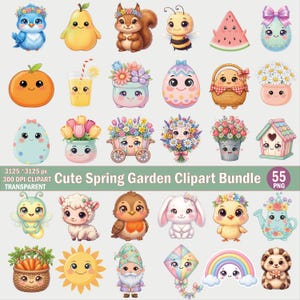 May include: A digital collection of 55 spring-themed clipart illustrations featuring anthropomorphic characters like a blue bird, squirrel, bee, lamb, bunny, chick, and hedgehog, alongside seasonal items like flowers, eggs, fruit, and garden tools.
