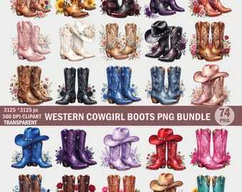 Watercolor Cowgirl Boots PNG Bundle, Floral Western Clipart (74 Files)