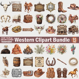 Pacchetto di clipart western ad acquerello, elementi PNG da cowboy rustico (download digitale)