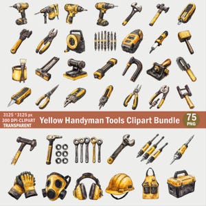 May include: A collection of yellow and black handyman tools including power drills, hammers, wrenches, pliers, screwdrivers, a gas mask, safety earmuffs, a hard hat, a tool apron, and a toolbox, all displayed as individual graphic illustrations.
