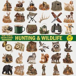 Op de afbeelding: Een digitale collectie jacht- en wildclipart met illustraties van jagers, honden, herten, elanden, beren, wolven, wasberen, konijnen, hutten, tenten, verrekijkers, kompassen, lantaarns, messen en kampeeruitrusting op een witte achtergrond.