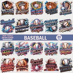 Könnte beinhalten: Eine Sammlung von Baseball-Grafiken mit verschiedenen Designs. Enthält Basebälle, Handschuhe und Texte wie "Baseball Icon", "Baseball Babe" und "Built to Catch Legends". Die Bilder sind farbenfroh und dynamisch, geeignet für Sportprojekte.