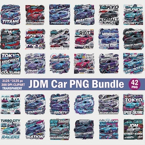 May include: A digital collection of 42 JDM car PNG clipart designs featuring various sports cars in motion, neon-colored smoke, and stylized text such as Tokyo, Turbo, and Midnight. Each graphic displays a unique vehicle illustration with bold typography.