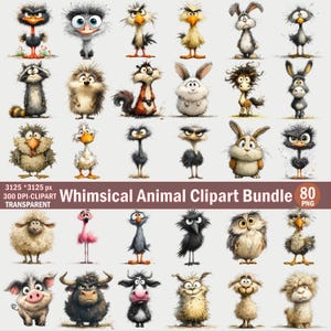 May include: A digital collection of 80 animal illustrations featuring various creatures like rabbits, owls, sheep, and birds with expressive faces. The text reads 3125 * 3125 px 300 DPI-CLIPART TRANSPARENT Whimsical Animal Clipart Bundle 80 PNG.