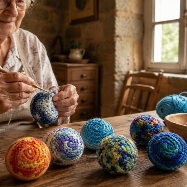 Pallina da giocoleria in cotone fatta a mano: 100% uncinetto. Strumenti per il movimento consapevole. Ritmo visivo per il supporto all'ADHD e il gioco creativo.