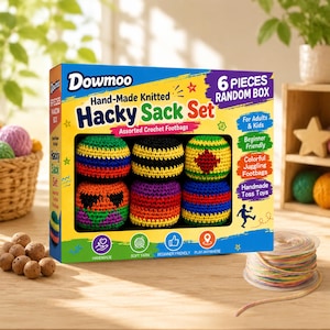 May include: A rectangular cardboard box labeled Dowmoo Hand-Made Knitted Hacky Sack Set containing six colorful, round, crocheted footbags. The box features text including 6 Pieces Random Box, For Adults & Kids, and Beginner Friendly, with illustrations of the yarn-based toys.