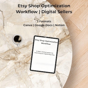 May include: A digital product display on a tablet with the text "Etsy Shop Optimization Workflow" and "Digital Sellers." The image also includes a coffee cup and the words "3 Formats: Canva | Google Docs | Notion."