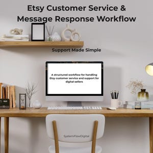 May include: A computer monitor displays the text Etsy Customer Service & Message Response Workflow, Support Made Simple, and A structured workflow for handling Etsy customer service and support for digital sellers, with SystemFlowDigital on the chair.