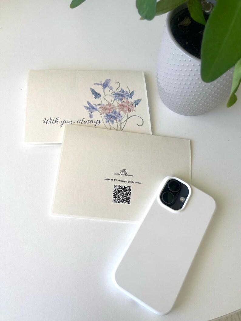 May include: Two cream-coloured greeting cards. One card features a watercolour floral illustration and the text "With you always." The other card displays the "Gentle Words Studio" logo, the text "Listen to this message, gently spoken," and a QR code.
