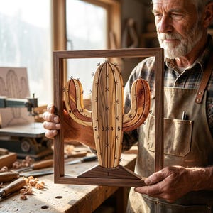 May include: A wooden cactus sculpture with a frame, featuring various wood tones and numbered details. The cactus has two arms and is mounted on a base. The frame is a dark brown color. The sculpture is held by a person in a workshop.