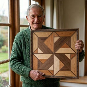 May include: A square wooden wall art piece featuring a geometric pinwheel pattern composed of light, medium, and dark brown wood segments. The artwork is enclosed in a thin, dark-toned frame with a small beaded texture along the inner edge.
