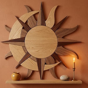 May include: A large circular wooden wall art piece featuring a sun and crescent moon design. The artwork is crafted from alternating light and dark wood tones with sharp, pointed rays extending outward from a central circular sun face.