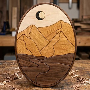 May include: An oval wooden wall art piece featuring a landscape scene composed of inlaid wood segments. The design displays a light-colored sky with a crescent moon, golden-brown mountain peaks, and a dark brown foreground representing a river.