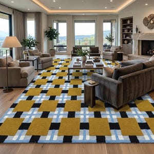 Alfombra de lana tejida a mano / Alfombra con estampado geométrico de cuadros mostaza y azul / Alfombra moderna / Alfombra de salón con diseño de bucles cortados