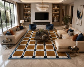 Modern Checkered Tufted Rug, Brown Blue Plaid Area Rug, Handmade Geometric Wool Rug, Contemporary Living Room Carpet, Grid Pattern Floor Rug