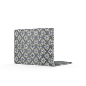 May include: A laptop computer with a patterned case. The case features a repeating geometric design in blue, white, and yellow on a gray background. The laptop is open, displaying the screen.