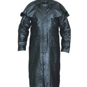 Mens Buffalo Hide Leather Motorcycle Duster Jacket Removable Cape Pockets Straps
