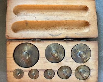 Antique German Brass Apothecary Weight Set in Wooden Box Case Early 20th Century