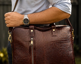 MacBook Pro lederen laptoptas 15 inch, bruine werktas met krokodillenmotief, premium leren tas VK, kantoortas cadeau voor hem haar