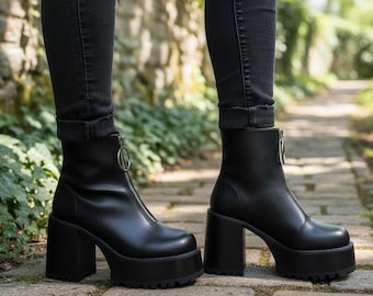 Black Platform Ankle Boots Women, Chunky Block Heel Boots, Gothic Front Zipper Booties, O-Ring Vegan Leather Boots, Goth Punk Shoes Gift