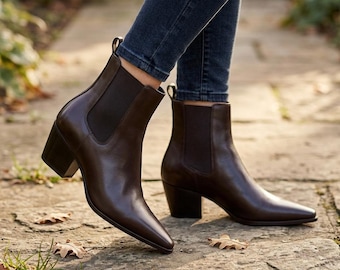 Dark Brown Chelsea Boots Women | Leather Ankle Boots | Block Heel Booties | Handmade Pointed Toe | Gift for Her