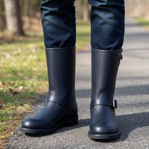 Könnte beinhalten: Marineblaue Gummistiefel. Die kniehohen Stiefel haben einen Riemen mit Schnalle am Knöchel. Sie haben eine matte Oberfläche und eine flache Sohle. Die Person trägt eine blaue Jeans.