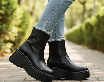 Black Platform Wedge Ankle Boots Women | Chunky Sole Chelsea Bootie | Leather Zip Up Boot | Goth Edgy Streetwear Shoes | Gift for Her