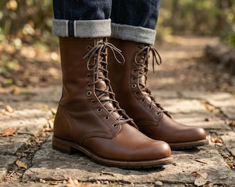 Men's Brown Leather Combat Boots | High Ankle Lace Up Work Boot | Handmade Rugged Military Boot for Men