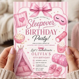 Sleepover Birthday Party Invitation, Printed Cards or Editable Template, Pink Slumber Party Invite Bow for Girl, Any Age