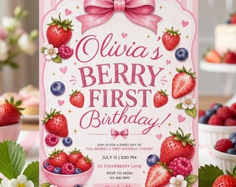 Berry First Birthday Invitation, Editable 1st Birthday Girl Invite, First Birthday Girl Invitation Template