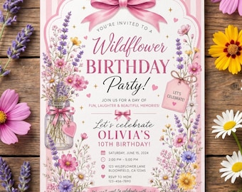 Pink Floral Birthday Invitation | Striped Wildflower Bow Invite Girls | Editable Digital Download | Garden Birthday Party