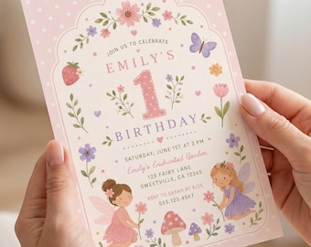 Fairy First Birthday Invitation, Printed Cards or Editable Template, Pink Whimsical Garden Fairy 1st Birthday Invite for Girl
