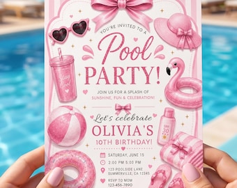 Pool Party Invitation, Printed Cards or Editable Template, Summer pool birthday invitation, Any Age