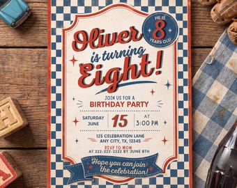 Retro Birthday Invitation Template | Editable Vintage Checkered Boy's Birthday Party Invite | Any Age