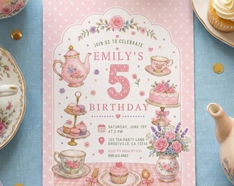 Tea Party Invitation Template Editable Birthday Invite Floral Design Pink Printable Girl Celebration Vintage Teacup Garden Gathering Polka
