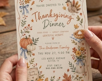 May include: A cream-colored Thanksgiving dinner invitation card featuring a watercolor border of autumn leaves, pumpkins, a turkey, and a pie. The text reads: You're invited to a Thanksgiving Dinner, The Anderson Family, Thu Nov 27, 4:00 PM.