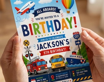 Editable Boys Vehicle Party Invite | Transportation Birthday Invitation Template |  Truck Plane Train Birthday