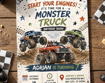 Monster Truck Birthday Invitation Template | Editable Boys Birthday Party Invite | Monster Truck Bash