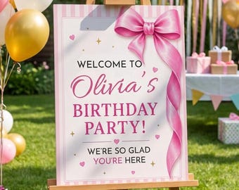Rosa Schleife Geburtstag Willkommensschild Vorlage | Bearbeitbares Mädchen-Party Willkommens-Plakat | 18x24 24x36 Digitale Vorlage druckbare Schild