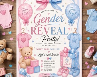 Gender reveal invitation party Pink And Light Blue He or She, Teddy Bear Idea Gender Reveal Invite